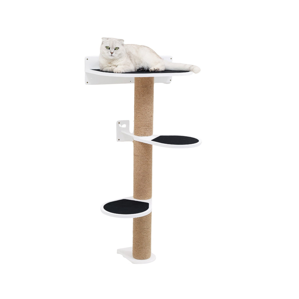 Medium white cat tree with climbing platforms and scratching post