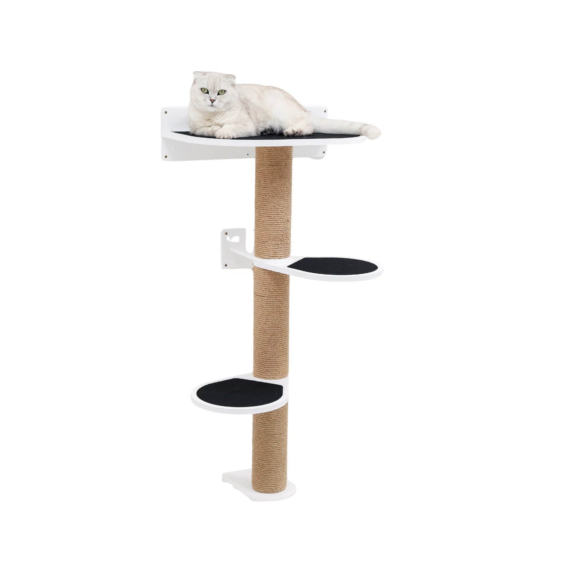 Medium white cat tree with climbing platforms and scratching post