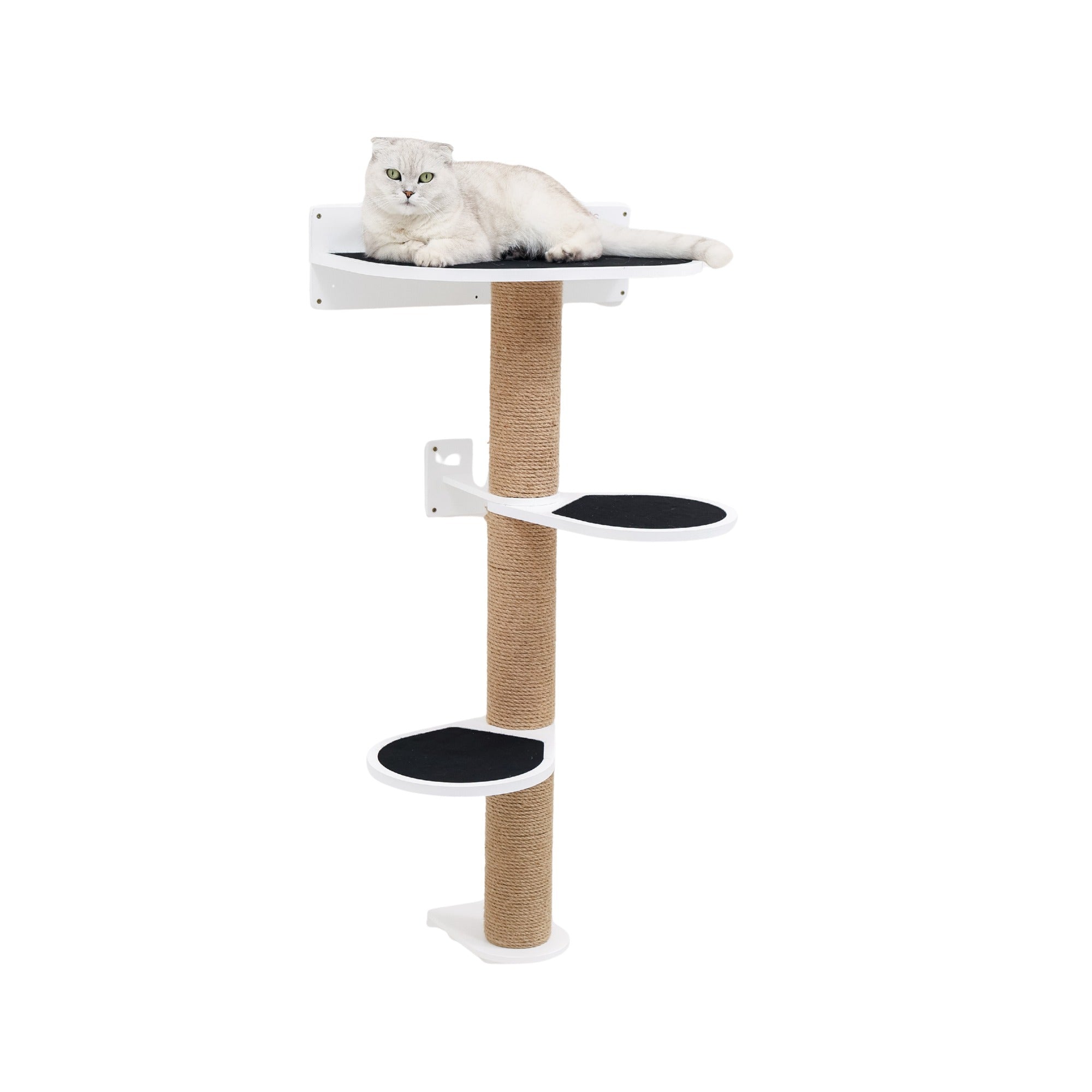 Medium white cat tree with climbing platforms and scratching post