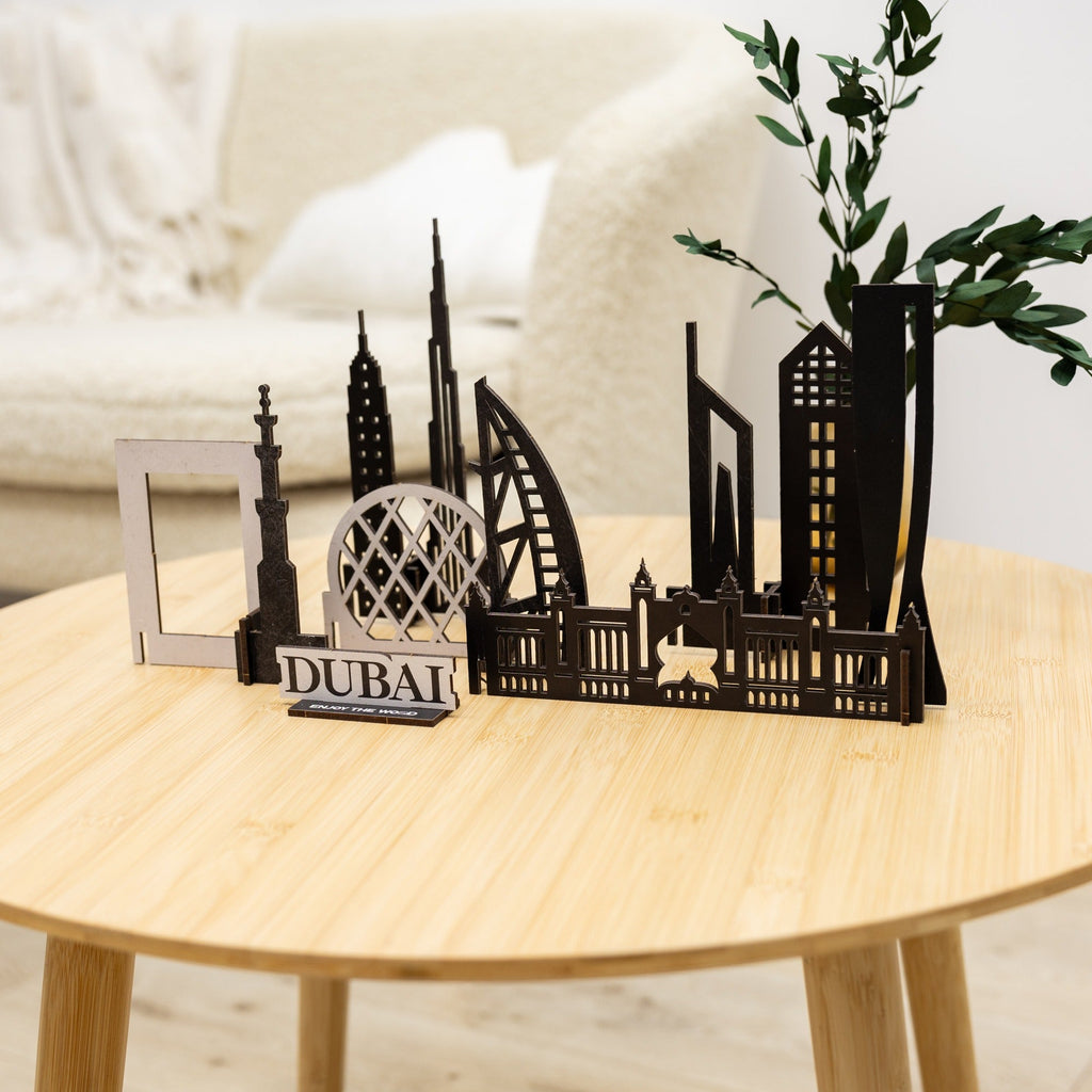 A 3D wooden model of the Dubai skyline assembled and displayed as home decor.
