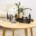 Handcrafted wooden London city map wall decor displayed in a modern interior.
