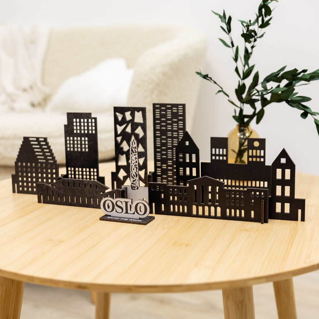 Minimalist brown wooden silhouette of the Oslo city skyline wall art