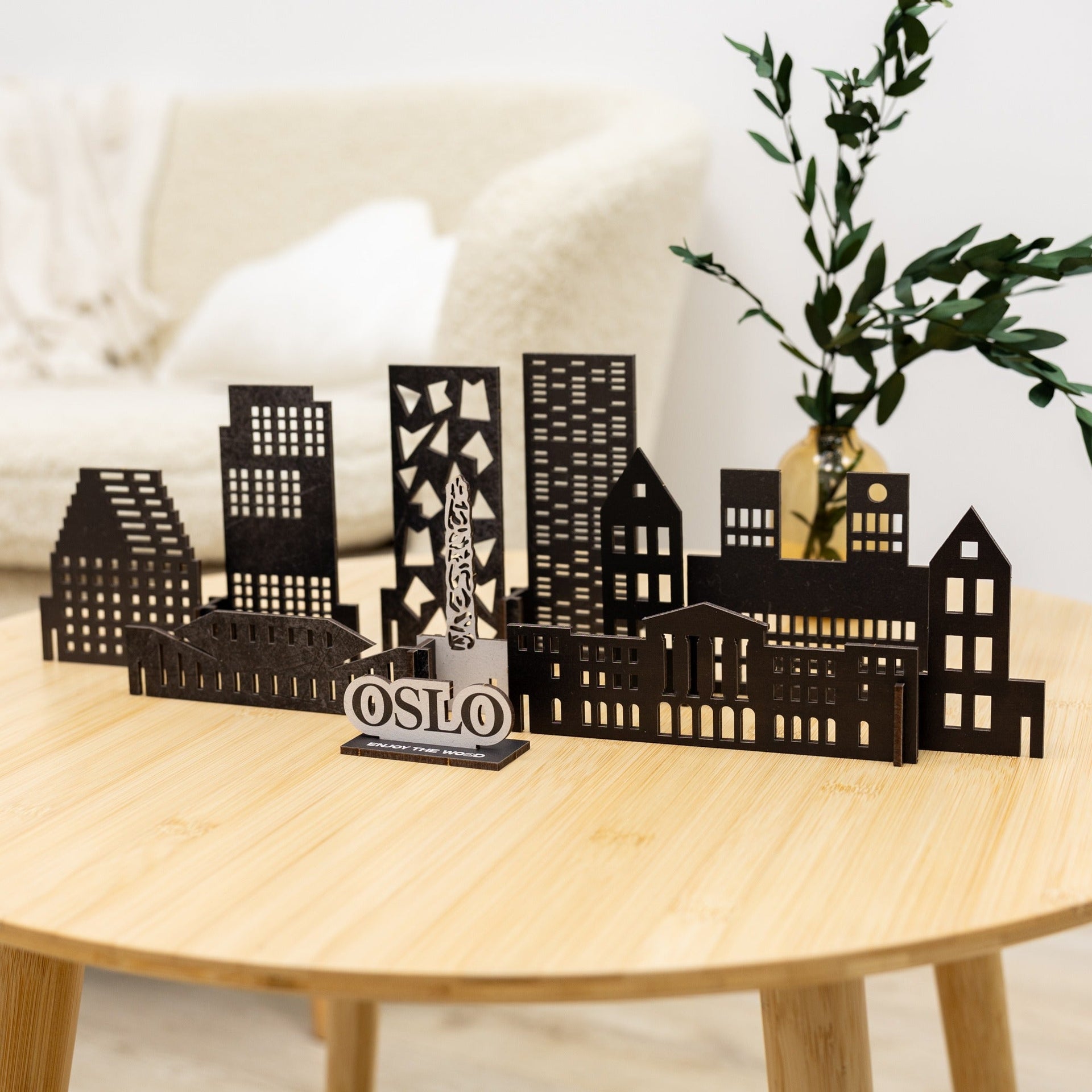 Minimalist brown wooden silhouette of the Oslo city skyline wall art