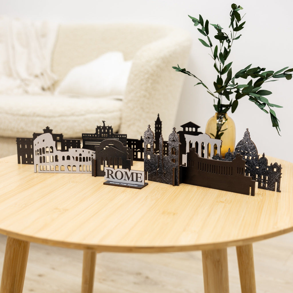 Wooden 3D model of Rome landmark skyline on a display shelf
