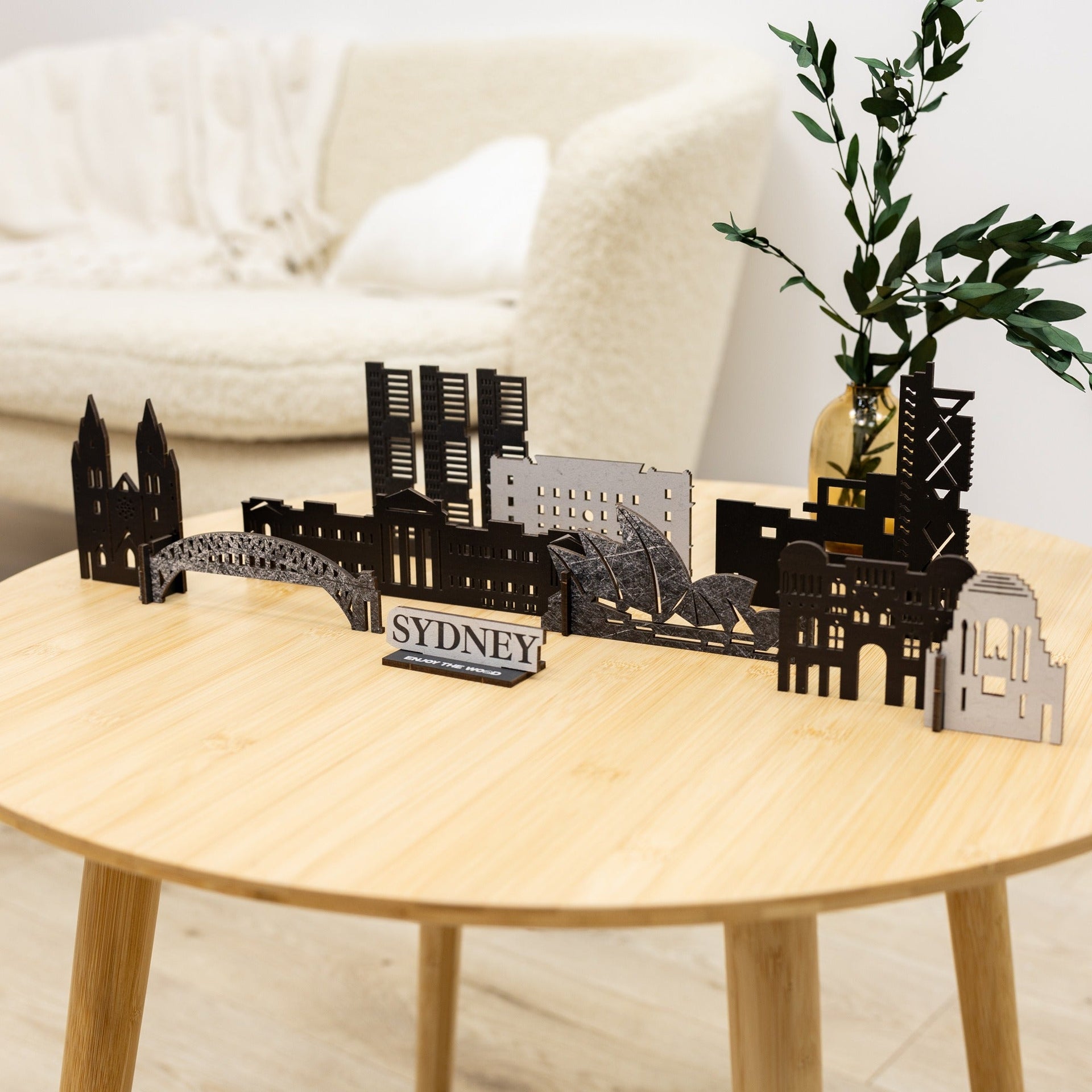 3D wooden model kit of the Sydney city skyline