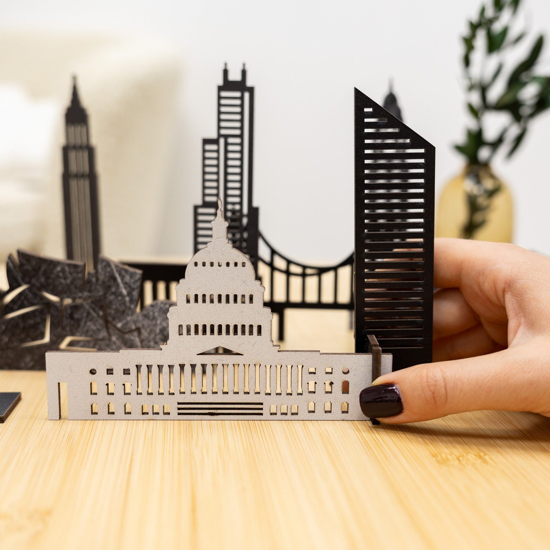 USA Buildings Wooden City Skyline Decor - American Travel Art