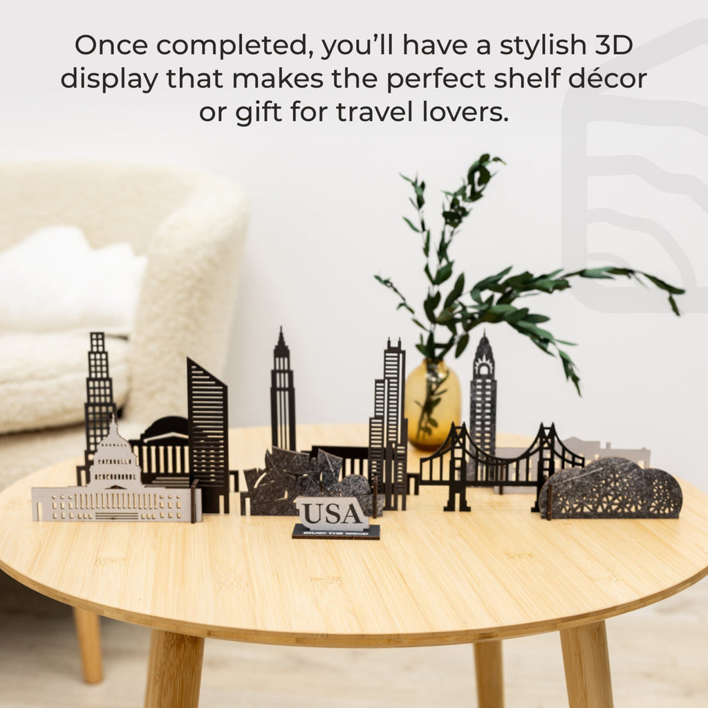 USA Buildings Wooden City Skyline Decor - American Travel Art