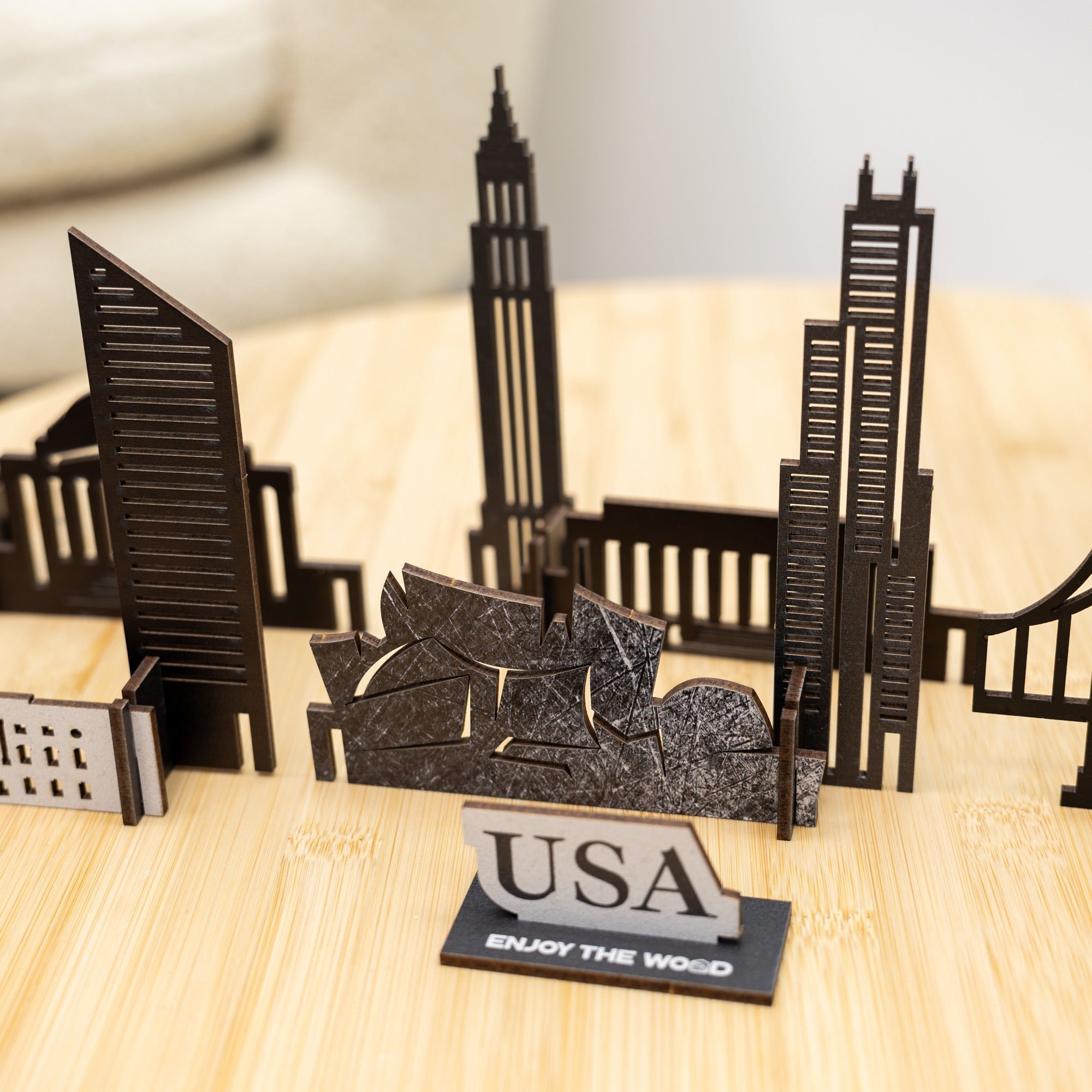 USA Buildings Wooden City Skyline Decor - American Travel Art
