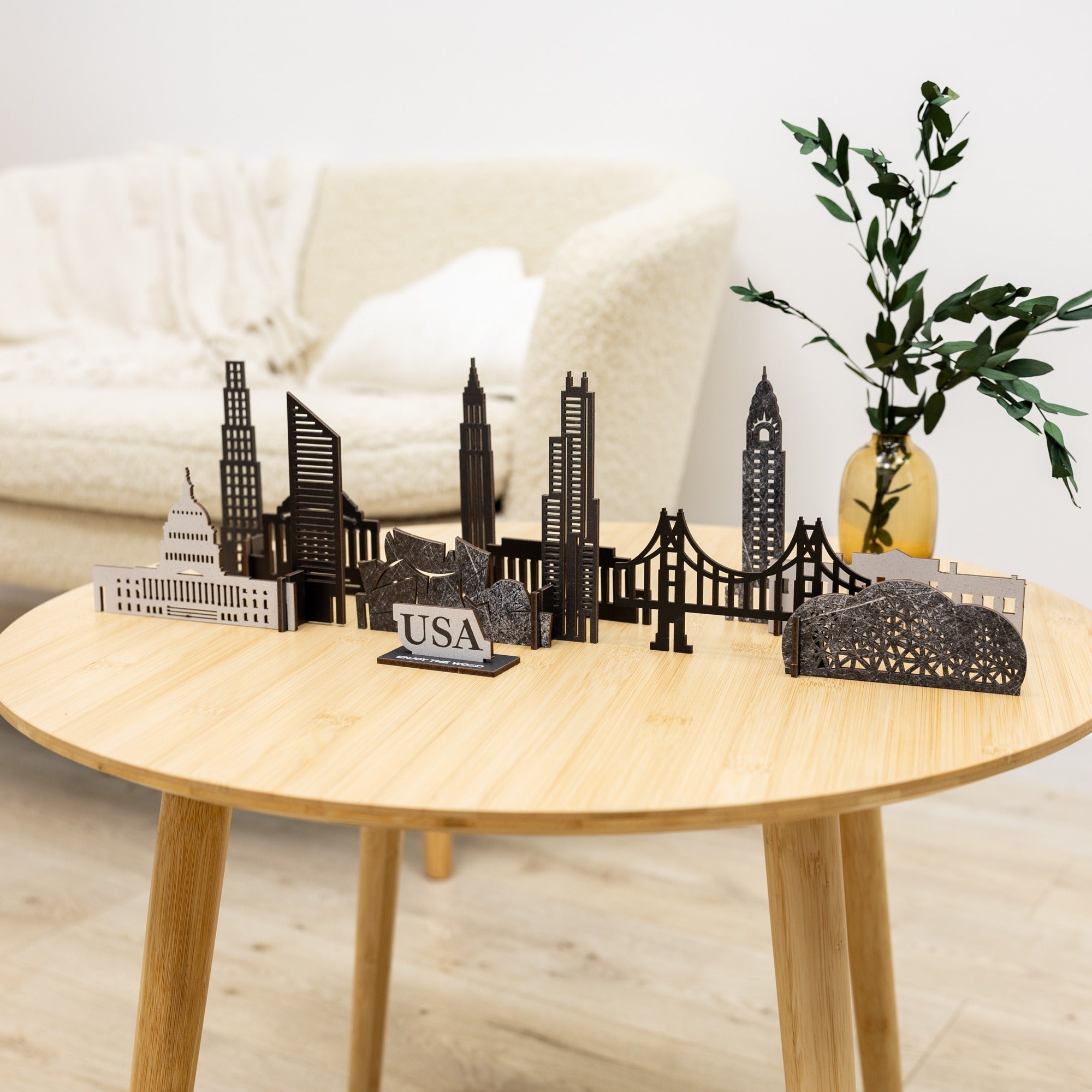 USA Buildings Wooden City Skyline Decor - American Travel Art