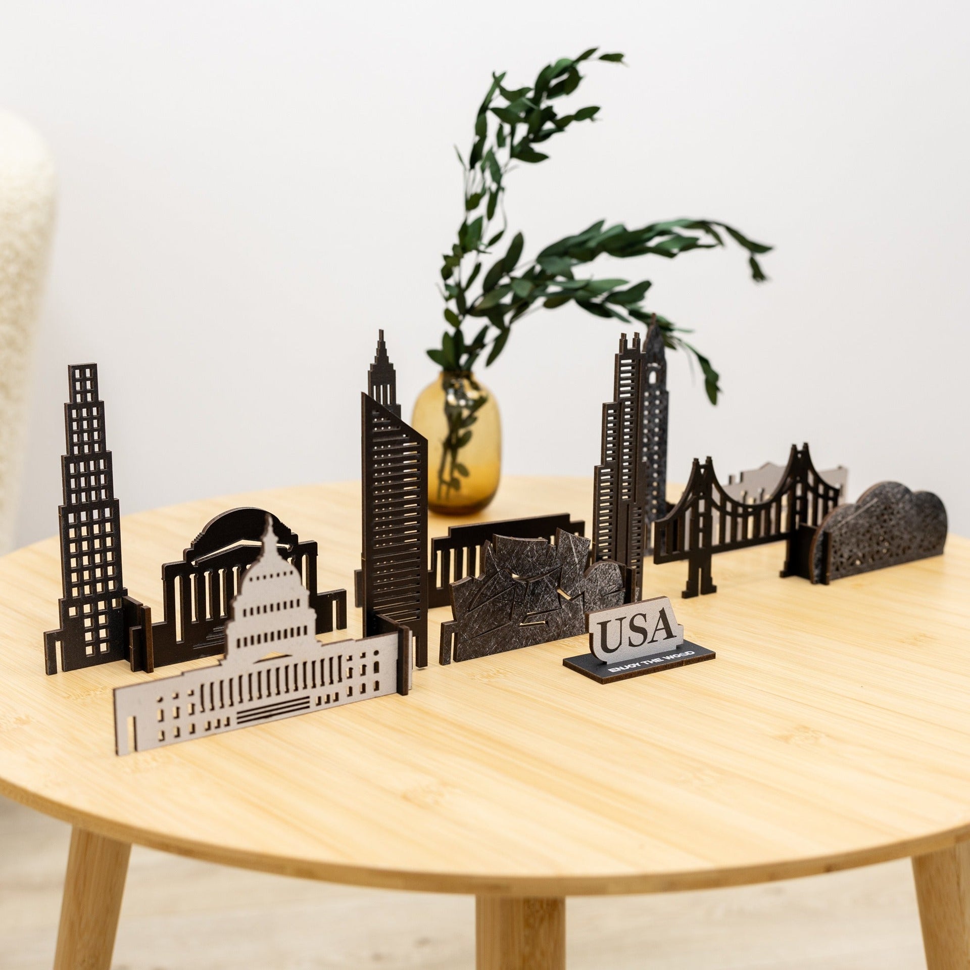USA Buildings Wooden City Skyline Decor - American Travel Art