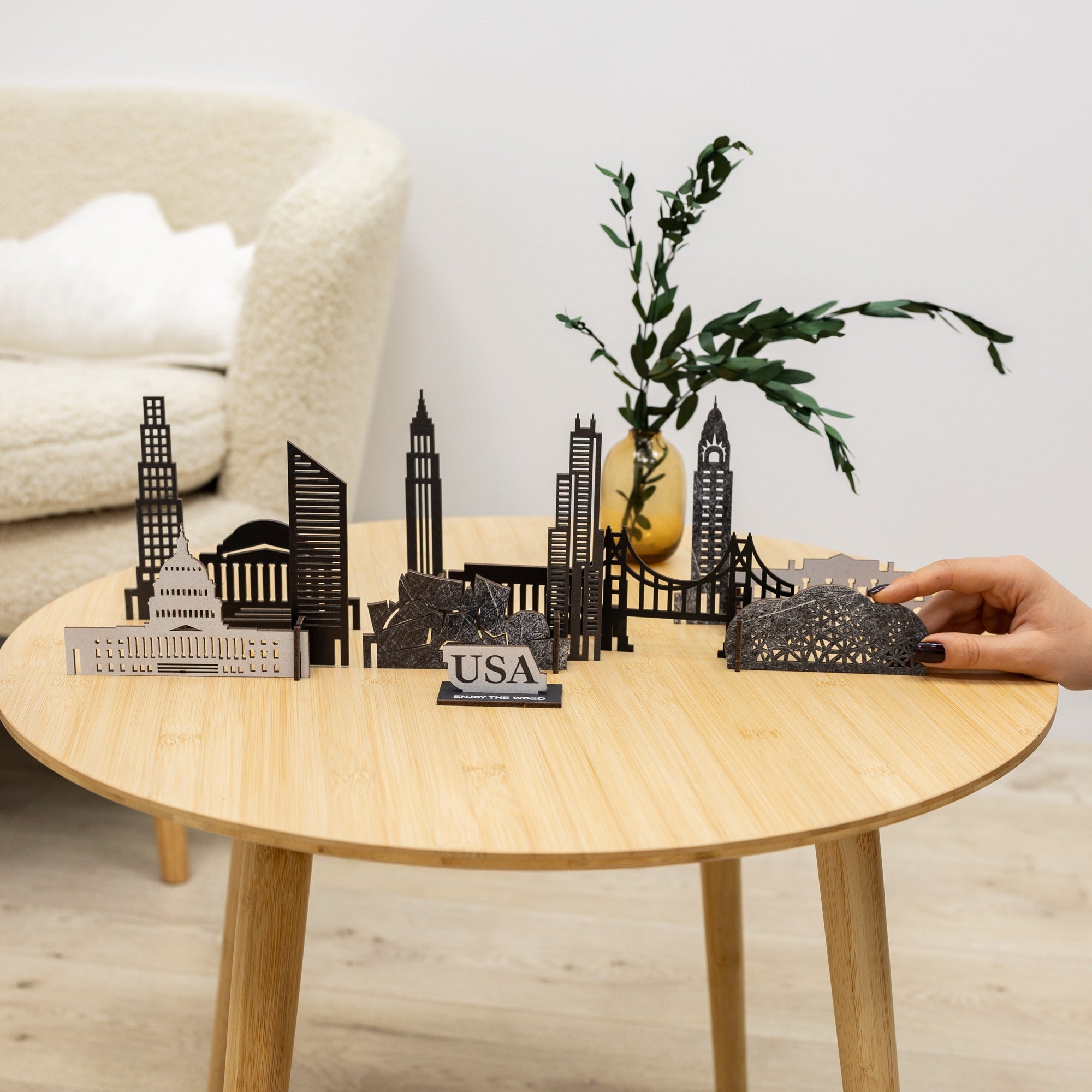 USA Buildings Wooden City Skyline Decor - American Travel Art