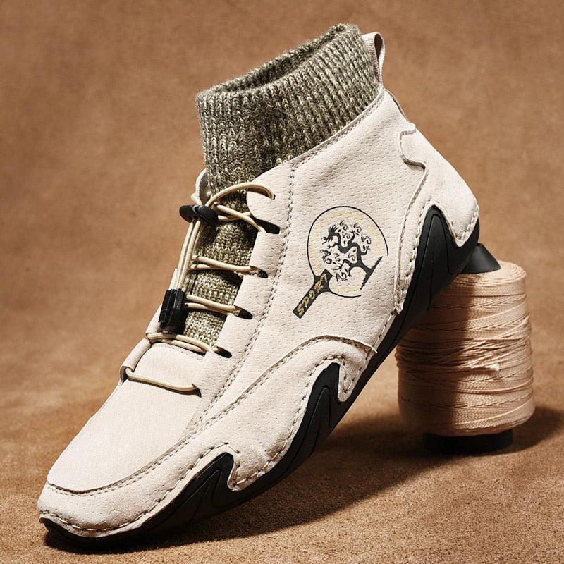 Men's beige canvas casual walking sneakers featuring a pre-distressed aesthetic