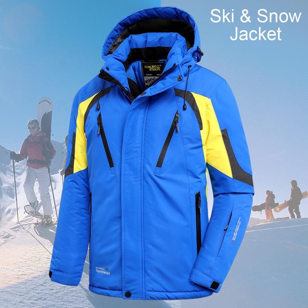 Blue men's hooded ski jacket with fleece lining and waterproof exterior