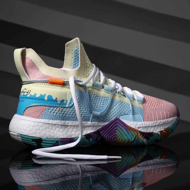 Men's high top basketball sneakers with shockproof cushioning in multi-color pastel palette