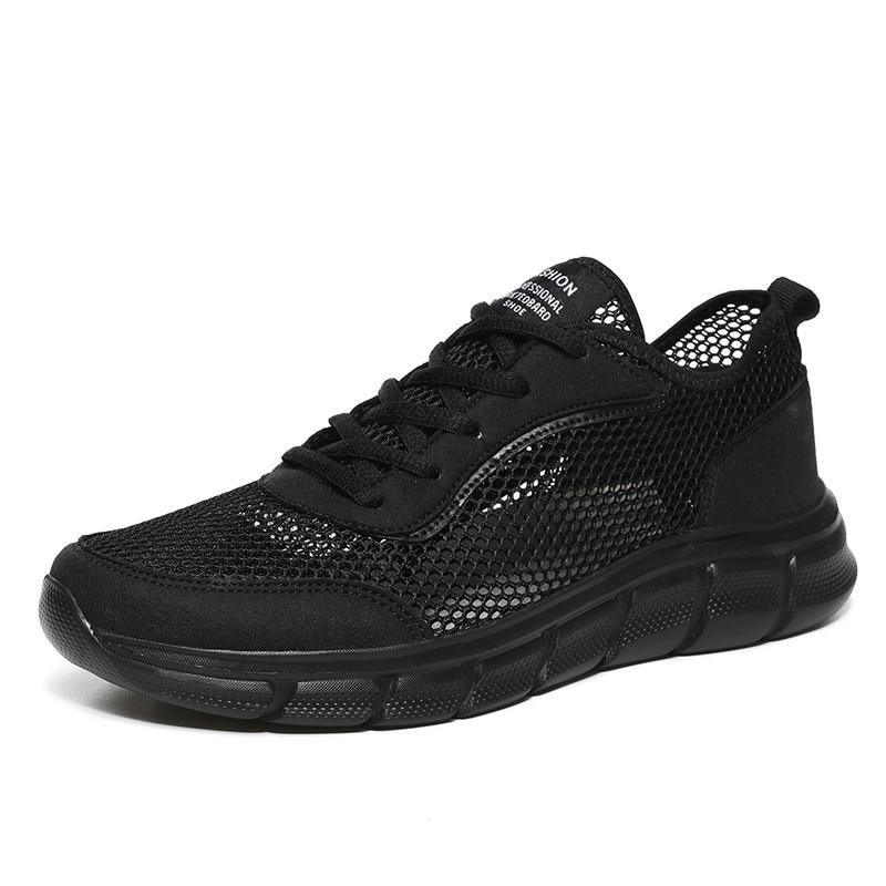 Lightweight black mesh men's running sneakers with breathable upper