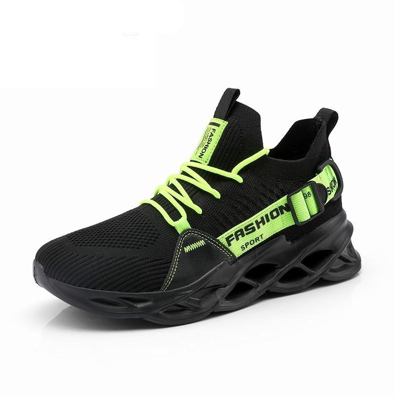 Men's lightweight knit sneakers available in black, neon green, and bright orange