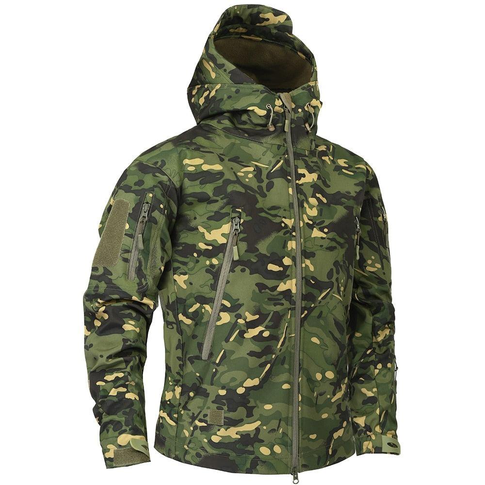 Men's lightweight green camouflage windbreaker with tactical styling for outdoor use