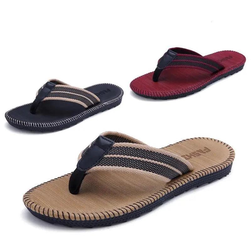 Men's lightweight striped slides in black, tan, and maroon.