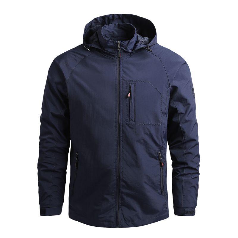 Men's waterproof tactical hiking jacket in navy with a hooded design and solid pattern.