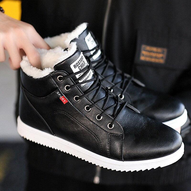 Men's black high-top winter boots with plush lining and reinforced rubber toe.