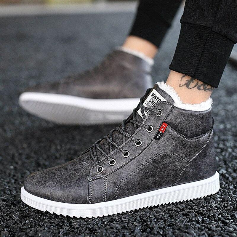 Men's Black High Top Leather Winter Boots Plush Warm Sneakers