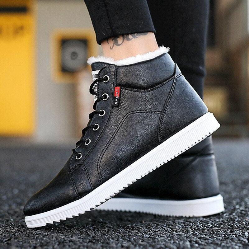 Men's Black High Top Leather Winter Boots Plush Warm Sneakers