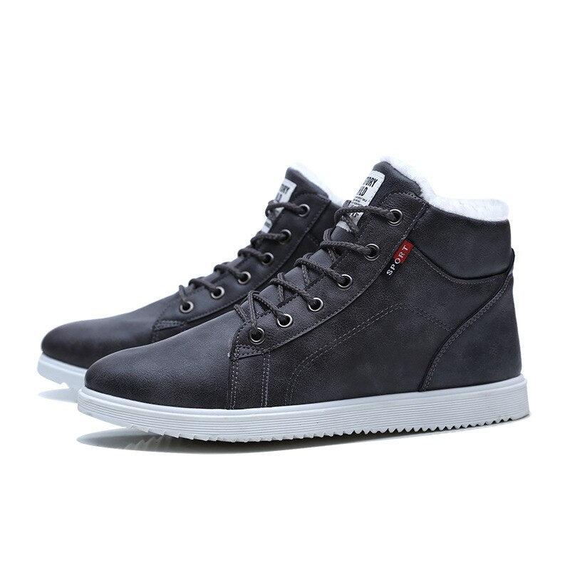 Men's Black High Top Leather Winter Boots Plush Warm Sneakers