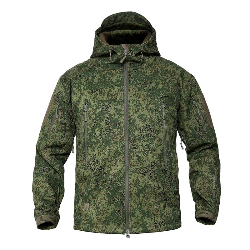 Men wearing a green camouflage tactical hooded windbreaker for outdoor hiking and skiing