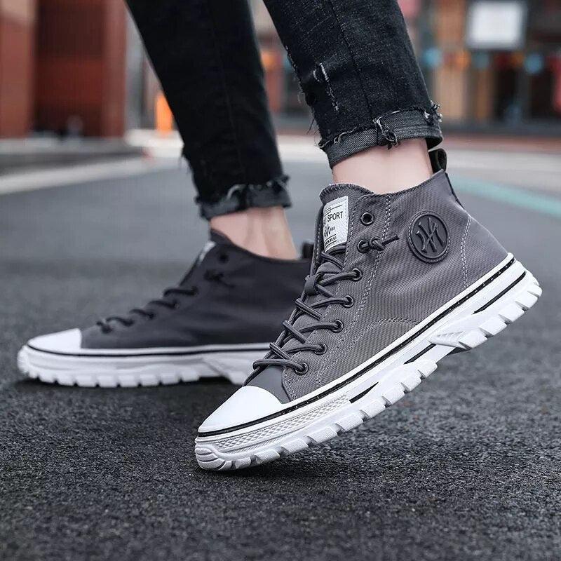 Men's High Top Canvas Sneakers Casual Gray Vulcanized Skate Shoes