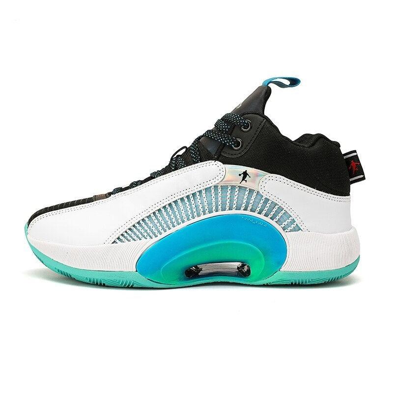 Professional men's basketball sneakers in white, black, and orange with breathable mesh panels.