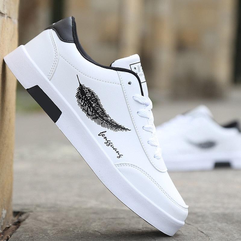Men's white leather platform fashion sneakers with non-slip sole