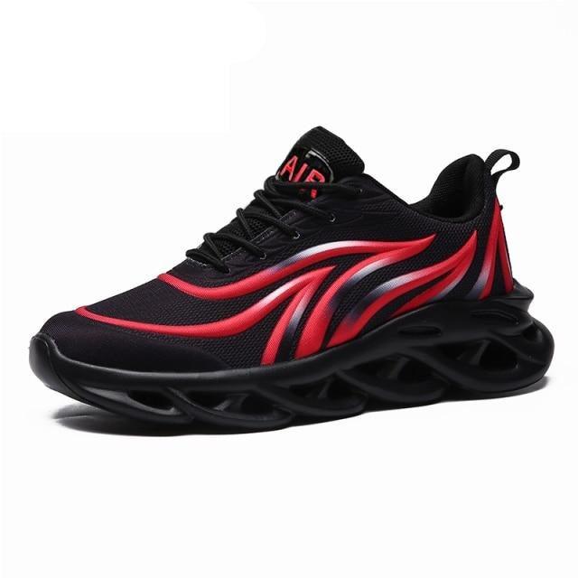 Men's athletic sneakers with a black and red flame pattern, featuring a flying weave knit upper and lace-up closure.