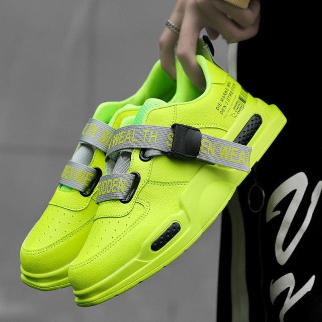 Close up of men's artificial leather sneakers with non-slip sole and breathable design