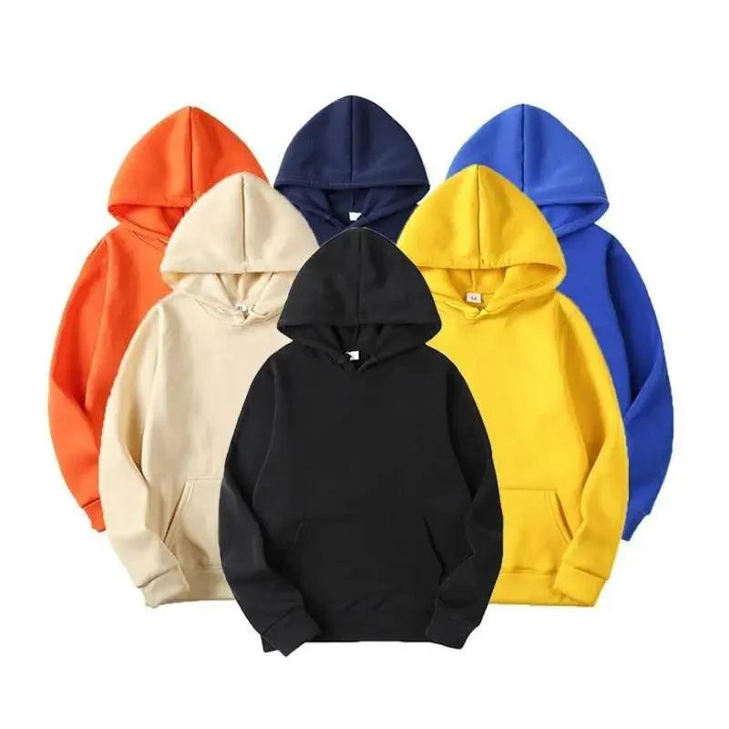 Men's minimalist solid color knit hoodie in navy blue, black, or red.