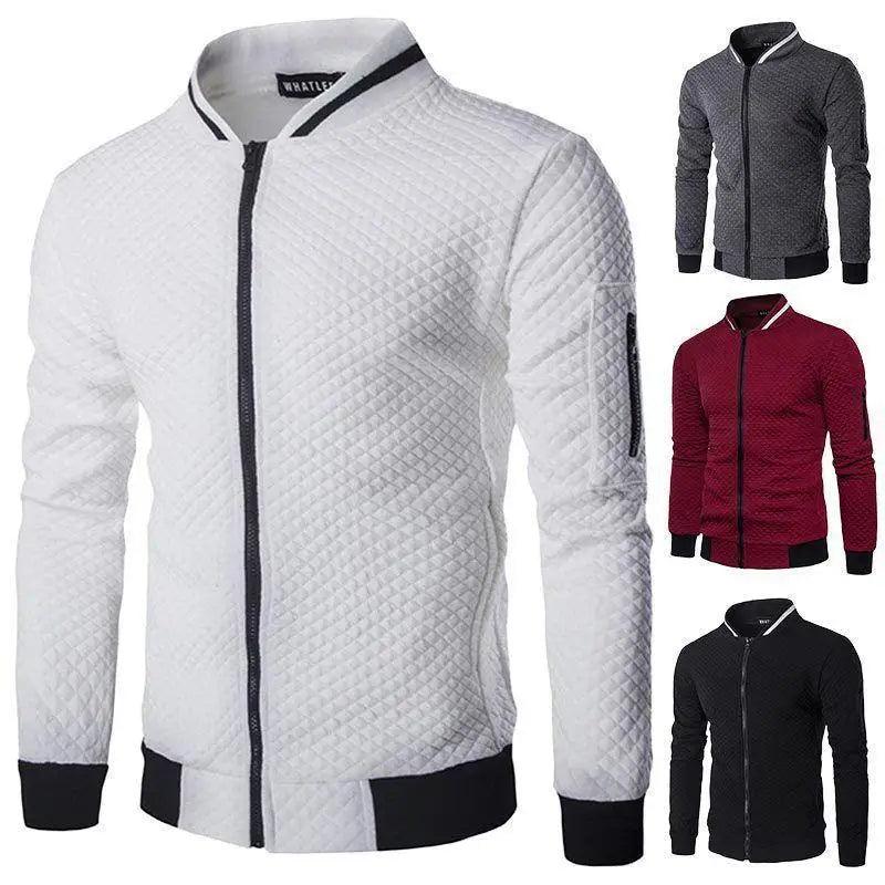 Men wearing a stylish solid-color sporty bomber jacket during fitness activity.