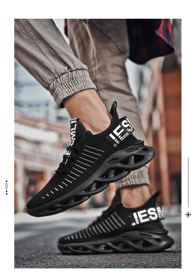 Modern Blade Sole Men's Black Lace-Up Sneakers Breathable Running