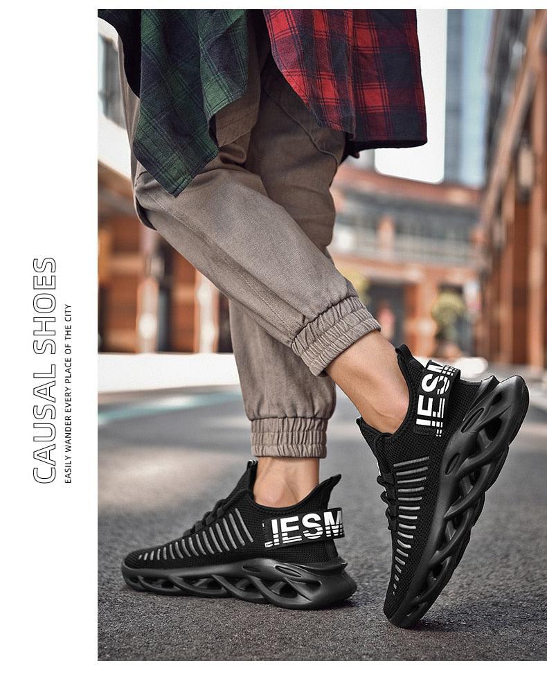 Modern Blade Sole Men's Black Lace-Up Sneakers Breathable Running