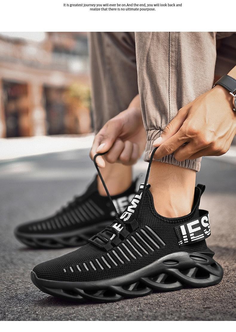 Modern Blade Sole Men's Black Lace-Up Sneakers Breathable Running