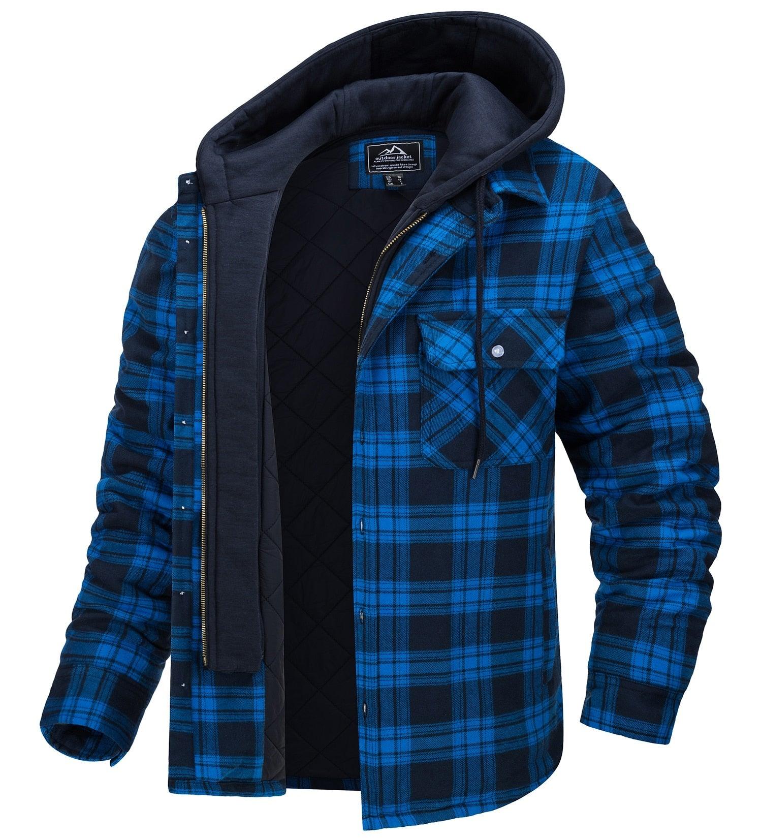 Men's Plaid Flannel Hooded Jacket Thick Warm Winter Shirt Coat