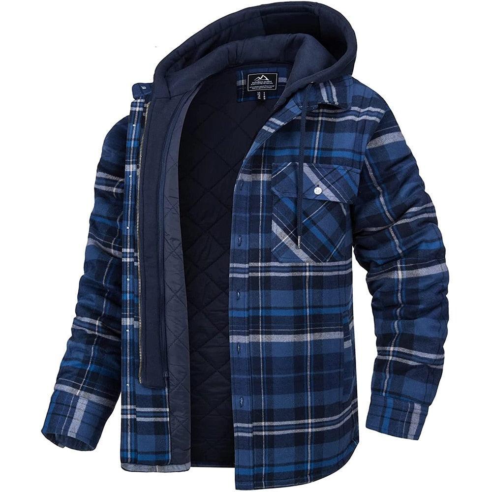 Men wearing a blue, white, and black plaid winter jacket with a removable hood and thick lining.