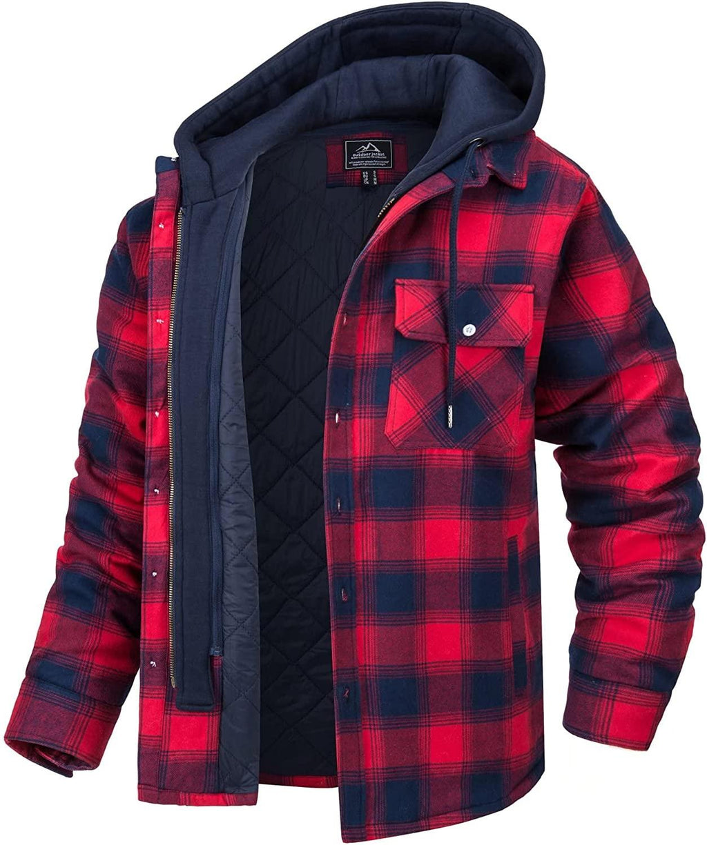 Men's Plaid Flannel Hooded Jacket Thick Warm Winter Shirt Coat