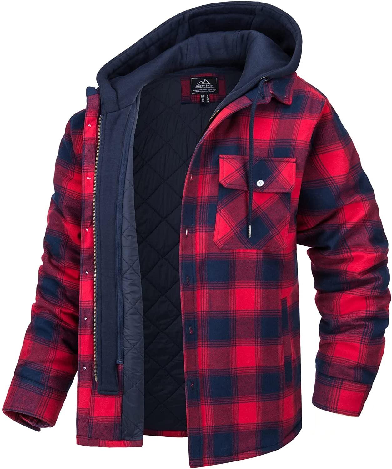 Men's Plaid Flannel Hooded Jacket Thick Warm Winter Shirt Coat