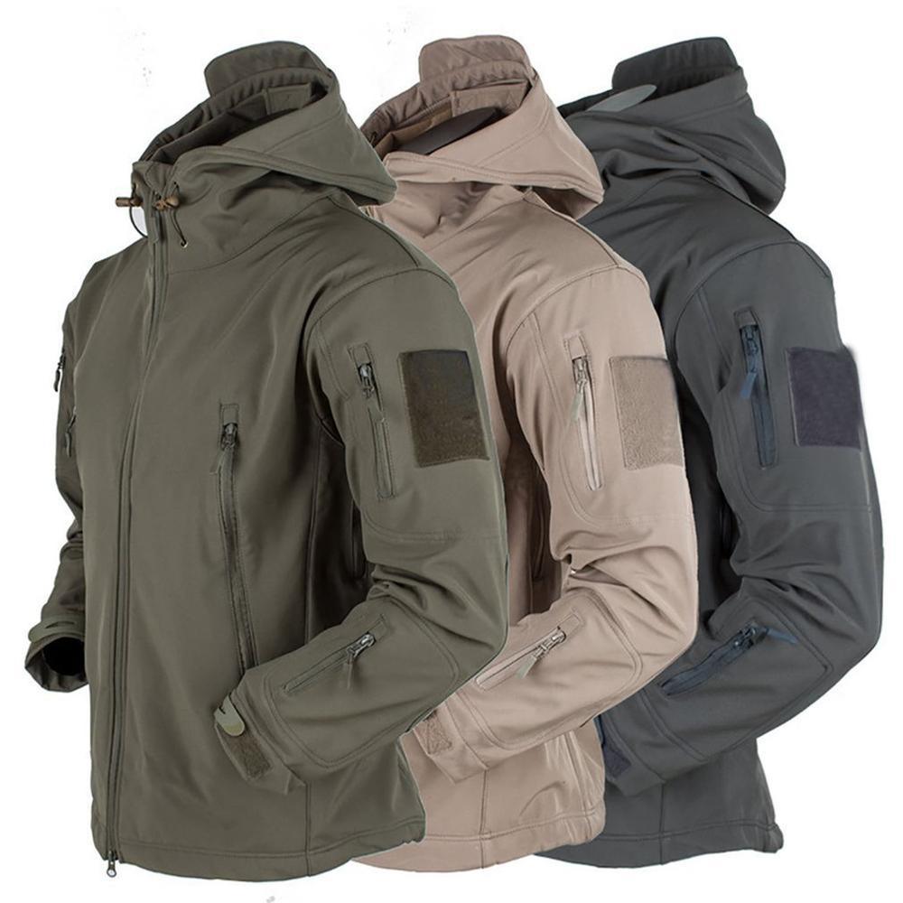 Men's tactical soft shell jacket in camo print with a thermal hooded design.