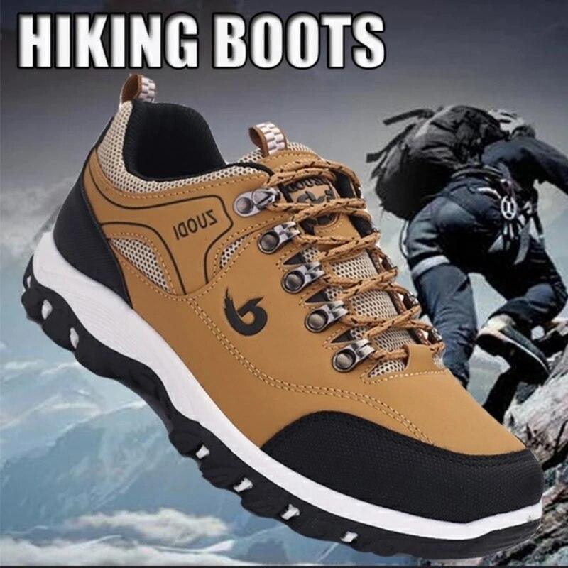 Men's low-top suede leather hiking sneakers with non-slip traction soles for outdoor use.