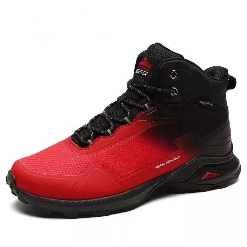 Men's high-top waterproof winter hiking boots with plush lining and black rubber outsoles.