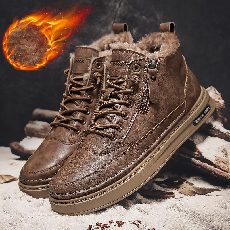 Men's brown high-top plush-lined winter snow boots for casual outdoor wear