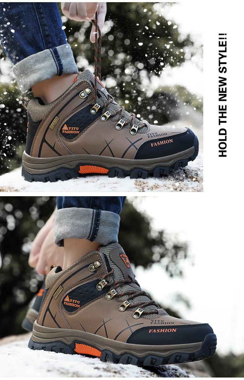 Mens Waterproof Leather Winter Snow Boots Outdoor Hiking Shoes