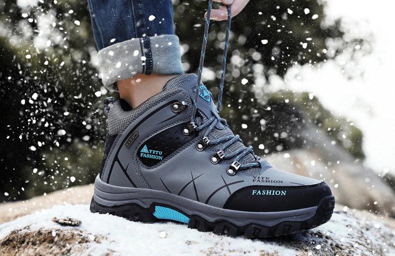 Mens Waterproof Leather Winter Snow Boots Outdoor Hiking Shoes