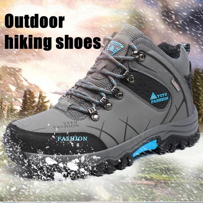 Men's waterproof leather winter snow boots in grey, black, and olive-green