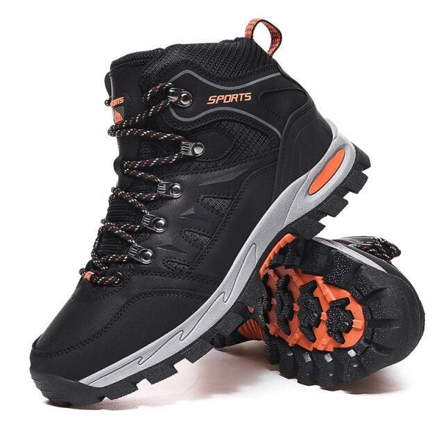 Unisex high-top leather hiking boots with reinforced rubber toe caps and heavy-duty tread.
